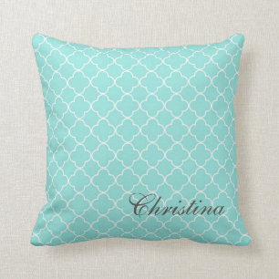 Aqua Quatrefoil Pattern Monogram Pillow Kussen