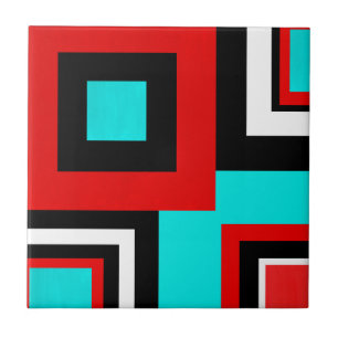 Aqua Red Black White Geometric Block Tegeltje
