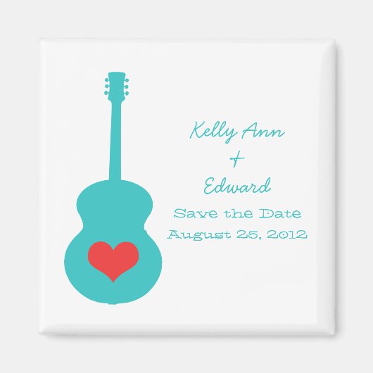 Aqua/Red Guitar Heart Save the Date Magnet Magneet (Voorkant)