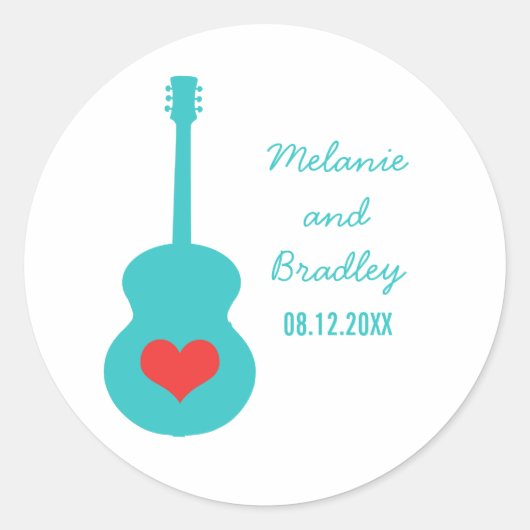 Aqua/Red Guitar Heart Wedding Stickers (Voorkant)