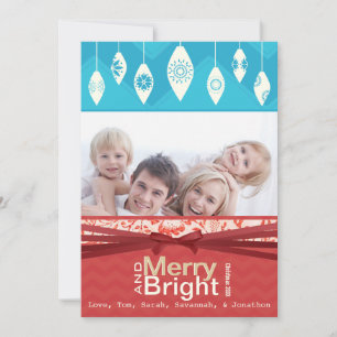 Aqua Red Retro Merry et Bright Family Carte photo