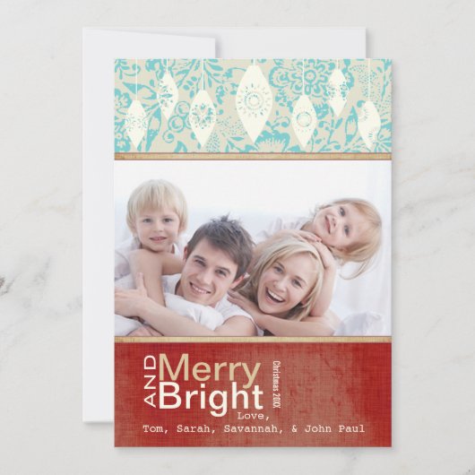 Aqua Red Retro Merry et Bright Family Carte photo (Devant)