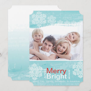 Aqua Red Snowflake Merry Bright Family Carte photo