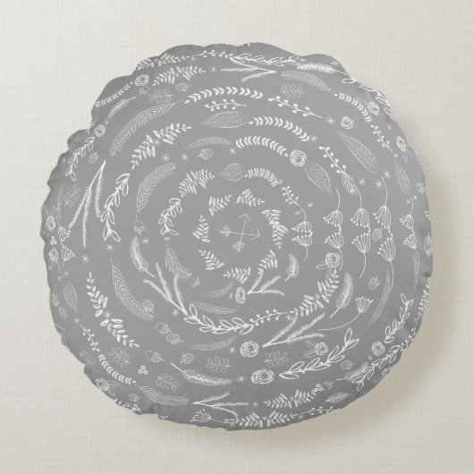 Aqua Reversible to Gray Floral Garland Pattern Rond Kussen (Voorkant)