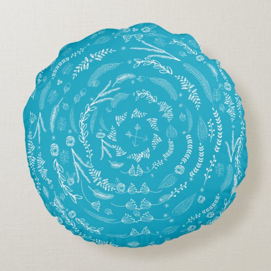 Aqua Reversible to Gray Floral Garland Pattern Rond Kussen (Achterkant)