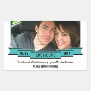 Aqua Ribbon Photo Save the Date Stickers