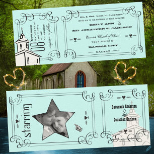 Aqua Romantic Chapel Ticket Wedding Kaart