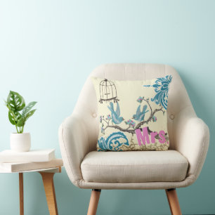 Aqua Rose Chaud Oiseaux Mme. Bride Coussin