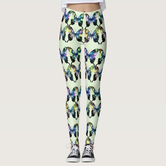 Aqua, Roze en Geel - Elegant Butterflies Leggings (Voorkant)