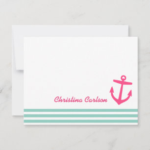 Aqua & Roze Nautische Strepen & Anker Stationery Notitiekaartje