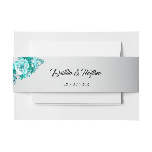 Aqua Rozen en Elegant Zilveren Bloemen Bruiloft Uitnodigingen Wikkel (Voorkant Voorbeeld)