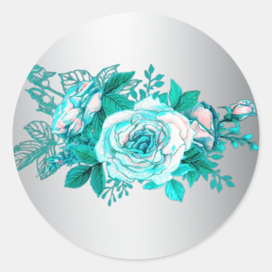 Aqua Rozen en Silver Wedding Ronde Sticker (Voorkant)