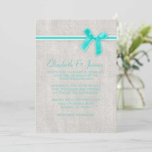Aqua Rustic Burlap Invitations de mariage (Debout devant)