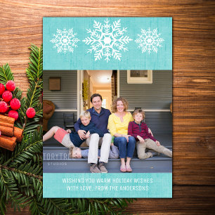 Aqua Rustic Snowflake Holiday Foto Feestdagenkaart
