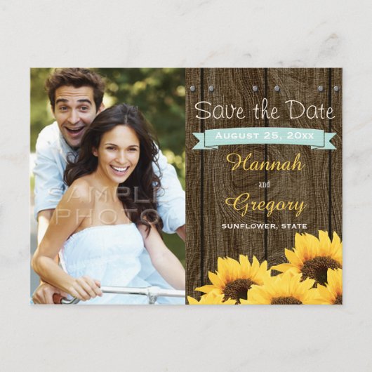 AQUA RUSTIC SUNFLOWER SAVE THE DATE BRIEFKAART (Voorkant)