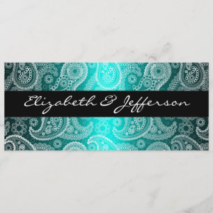 Aqua Satin & White Paisley Lace Wedding Invitation Kaart