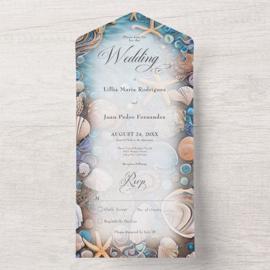 Aqua Seashell Rustic Beach No Dinner All In One Uitnodiging (Binnen)