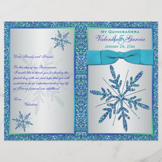 Aqua Silver Blue Snowflakes Programme Quinceañera (Devant)