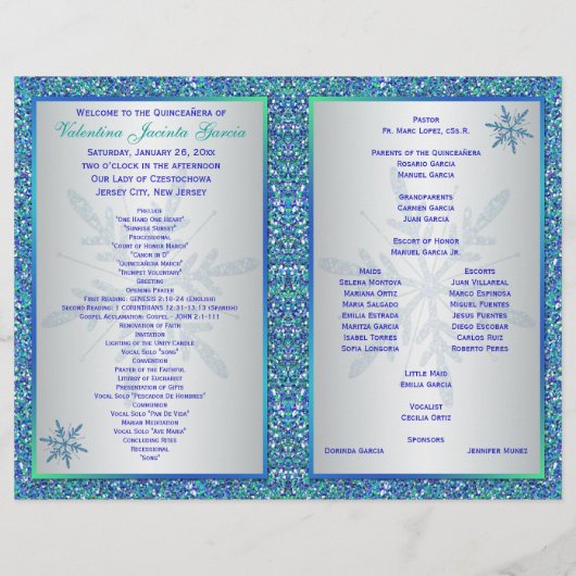 Aqua Silver Blue Snowflakes Programme Quinceañera (Dos)