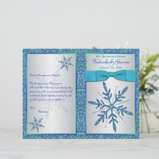 Aqua Silver Blue Snowflakes Quinceañera-programma (Staand voorkant)