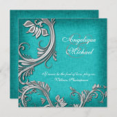 Aqua Silver Floral bruiloft verloving Kaart (Voorkant / Achterkant)