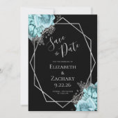 Aqua Silver Floral Geometric Black Save the Date (Devant)