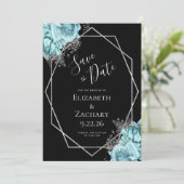 Aqua Silver Floral Geometric Black Save the Date (Debout devant)
