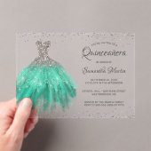 Aqua Silver Glitter Jurk Script Quinceañera Party Acryl Uitnodigingen (Insitu (Draagbaar))