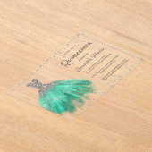 Aqua Silver Glitter Jurk Script Quinceañera Party Acryl Uitnodigingen (Laagn)