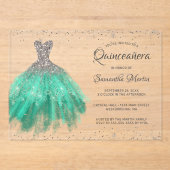 Aqua Silver Glitter Jurk Script Quinceañera Party Acryl Uitnodigingen (Voorkant)