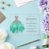 Aqua Silver Glitter Jurk Script Quinceañera Party Acryl Uitnodigingen (Insitu (Huwelijk))