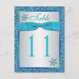 Aqua Silver Green Snowflakes Table Number Card Briefkaart
