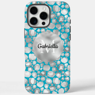 Aqua Silver Leopard Animal Print Monogram iPhone 16 Pro Max Hoesje