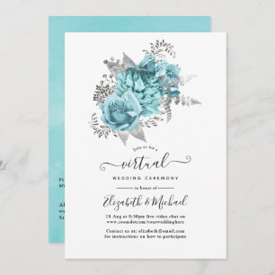 Aqua & Silver  Shabby Rozen Virtual Wedding Kaart