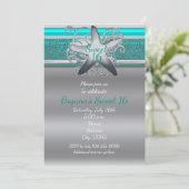 Aqua & Silver Starfish Plage Sweet 16 Invitations (Debout devant)