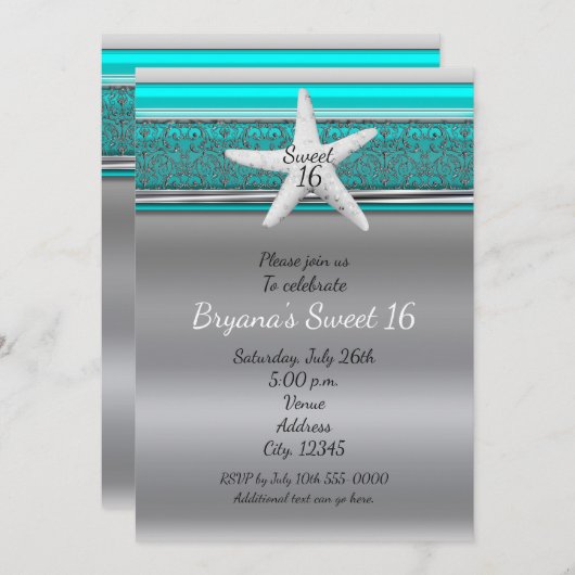 Aqua & Silver Starfish Plage Sweet 16 Invitations (Devant / Derrière)