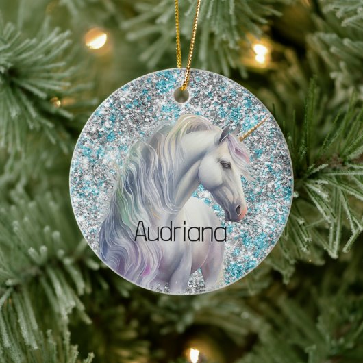 Aqua Silver Unicorn Glitter Sparkle Keramisch Ornament (Boom)