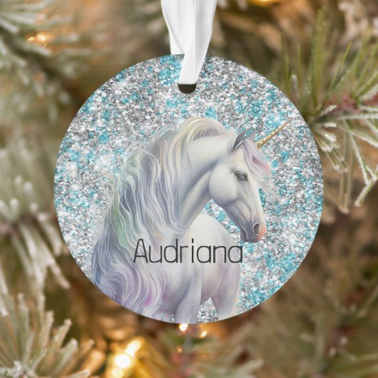 Aqua Silver Unicorn Glitter Sparkle Ornament (Boom)