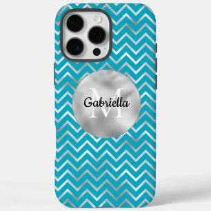 Aqua Silver Zigzag Stripes Monogram iPhone 16 Pro Max Hoesje