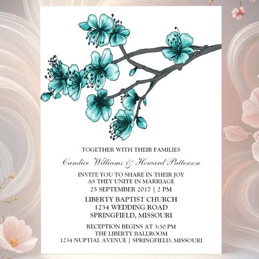 Aqua Simple Cerise Fleurs Mariage Invitation