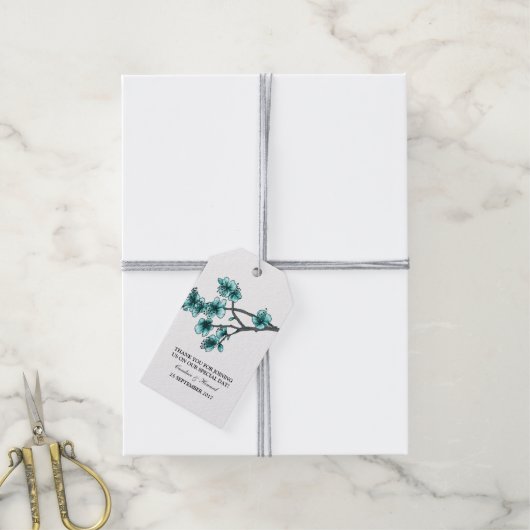 Aqua Simple Cherry Blossom Gift Labels Cadeaulabel (Met Touw)