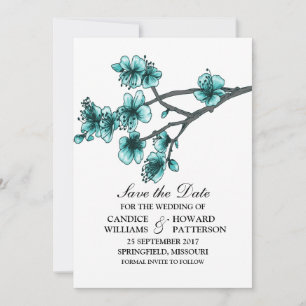 Aqua Simple Cherry Blossom Save the Date Invite