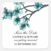 Aqua Simple Cherry Blossom Save the Date Vierkante Sticker (Voorkant)