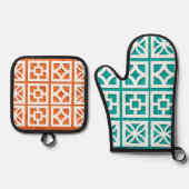 Aqua + sinaasappel Breeze Blocks, Oven Mitt / Hot  Ovenwant & Pannenlap Set (Voorkant)