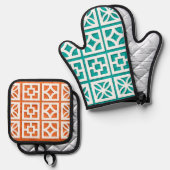 Aqua + sinaasappel Breeze Blocks, Oven Mitt / Hot  Ovenwant & Pannenlap Set (Voorkant / Achterkant)
