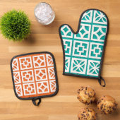 Aqua + sinaasappel Breeze Blocks, Oven Mitt / Hot  Ovenwant & Pannenlap Set (Top down)