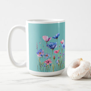 Aqua Sky Blue met roze en blauwe wilde bloemen Koffiemok