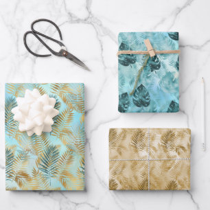 Aqua Sky Groen Goud Tropisch Blad Inpakpapier Vel