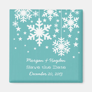 Aqua Snowflakes and Stars Save the Date Magnet