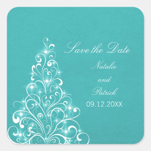 Aqua Sparkly Holiday Tree Save the Date Stickers (Devant)